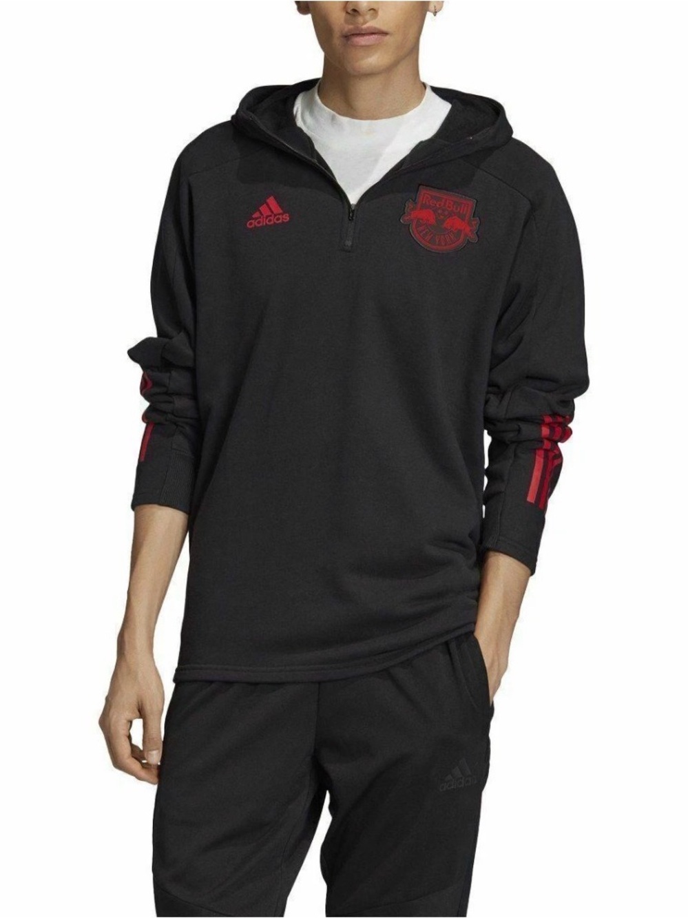 Adidas New York Red Bulls Black Hooded 1/4 Zip Pullover with Red Accents - SZ M